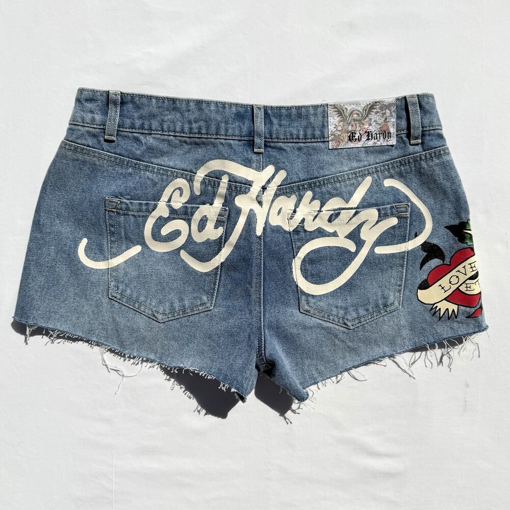 Ed Hardy Love Eternal Cut Off Denim Shorts Womens 28 Flue Frayed Spell-out